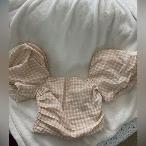 Gingham Puff Sleeve Top - Tan